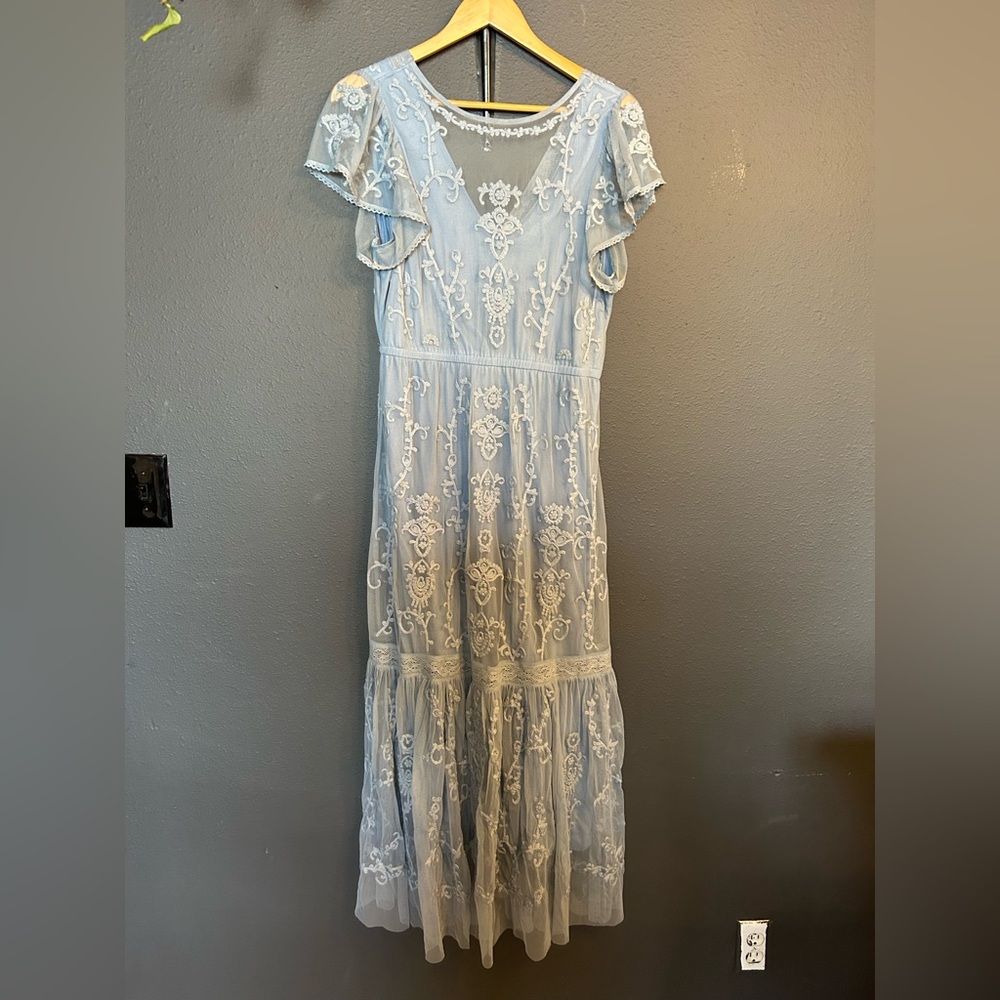 NWOT Sundance Mayfield Blue Embroidered Tule Elegant Blue Lace Maxi Dress